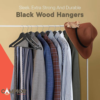Black Wooden Hangers 60 Pack – Heavy-Duty with 360° Swivel Hook, Non-Slip, Pants Bar & Shoulder Grooves - Wooden Hangers for Suits, Jackets, Dresses & Camisoles, Space-Saving and Smooth Finish