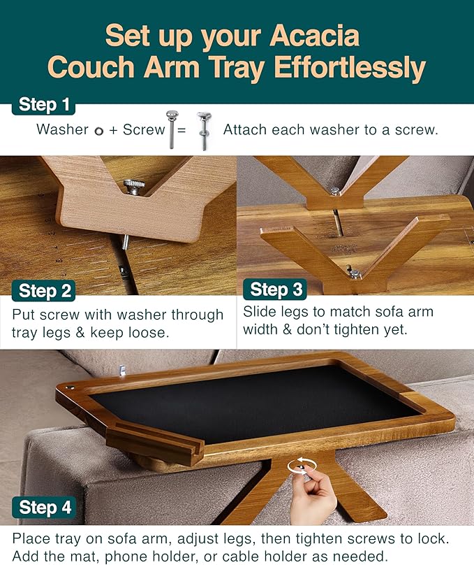 Acacia Couch Arm Tray Table – Fits Most of The Sofa Arms, 3 in 1 Adjustable Couch Arm Table with 360° Rotating Phone Holder, Wire Holder & Non-Slip Mat – Perfect Sofa Tray for Snacks & Coffee