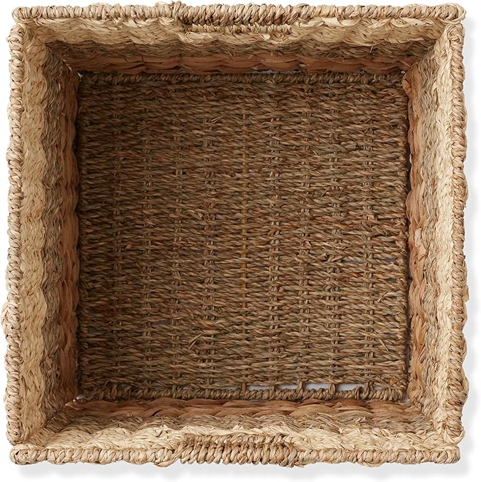 Casafield 13" x 13" Mixed Weave Storage Baskets, Natural - Set of 2 Woven Hyacinth Seagrass Wicker Storage Cube Bins for Bathroom, Bedroom, Laundry, Pantry, Shelves