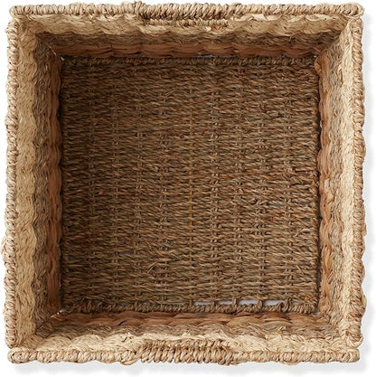Casafield 13" x 13" Mixed Weave Storage Baskets, Natural - Set of 2 Woven Hyacinth Seagrass Wicker Storage Cube Bins for Bathroom, Bedroom, Laundry, Pantry, Shelves