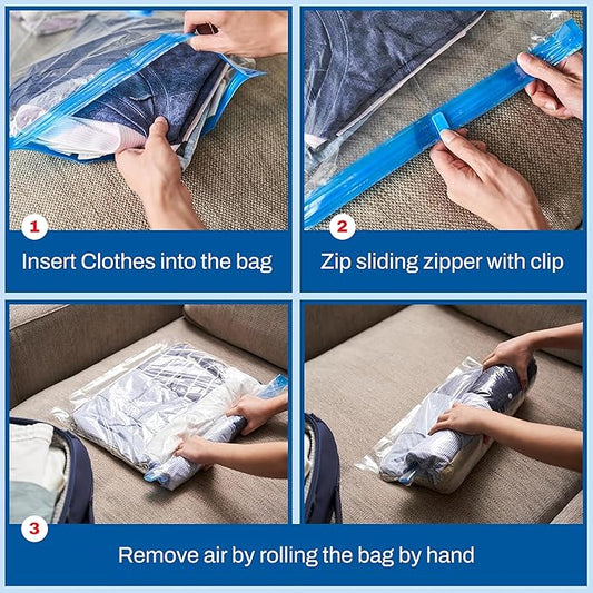 Spacesaver Roll Up Vacuum Storage Bags for Jackets, Suits, Dresses & Clothes – Sealed Compression Bags with Hand Pump – Space Saver Bags for Moving, Travel & Organization - Pack of 8