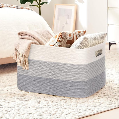 60L Laundry Basket with Leather Handles for Living Room Storage, Woven Rope Baskets Bin for Blanket, Kids Toy, Gifts, Wicker Hamper for Bedroom Dirty Clothes, Gradient Grey