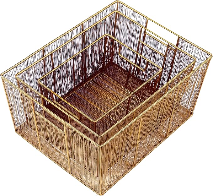 happimess BSK3000D-6SET Sutton Modern Glam Nesting Wire Metal Storage Baskets for Shelves, Cabinets, Pantry, Countertop, Mesh Open Bin Basket for Organizing Supplies, Gold (Set of 6)