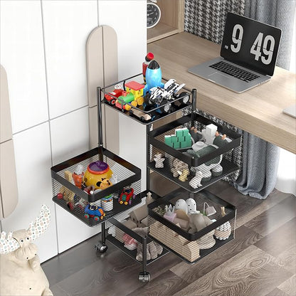 Rotating Kitchen Storage Rack，Bathroom Shelf，Kitchen Organization and Storage，Bathroom Storage Organizer，Fruit Basket，Rolling Carts with Wheels(Black, 4 Tier-Square)