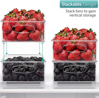 Sorbus Stackable Refrigerator Organizer Bins - Clear Storage Bins for Kitchen Pantry, Freezer & Fridge Organization - Food Organizing Plastic Containers with Handles for Countertops & Drawers (4 Pack)