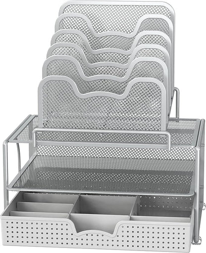Simple Houseware Mesh Desk Organizer with Sliding Drawer, Double Tray and 5 Stacking Sorter Sections, Silver