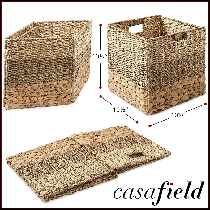 Casafield 10.5" x 10.5" Mixed Weave Storage Baskets, Natural - Set of 2 Woven Hyacinth Seagrass Wicker Storage Cube Bins for Bathroom, Bedroom, Laundry, Pantry, Shelves