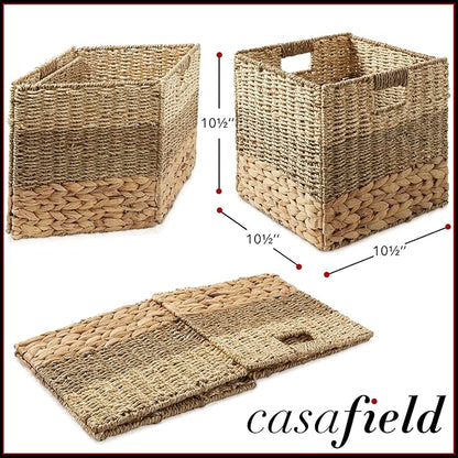 Casafield 10.5" x 10.5" Mixed Weave Storage Baskets, Natural - Set of 2 Woven Hyacinth Seagrass Wicker Storage Cube Bins for Bathroom, Bedroom, Laundry, Pantry, Shelves