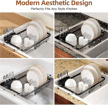 romision Expandable Dish Drying Rack Over The Sink Small Metal Stainless Steel Plate Holder for Compact Kitchen, Space Saving Modern Black Hanging Drainer