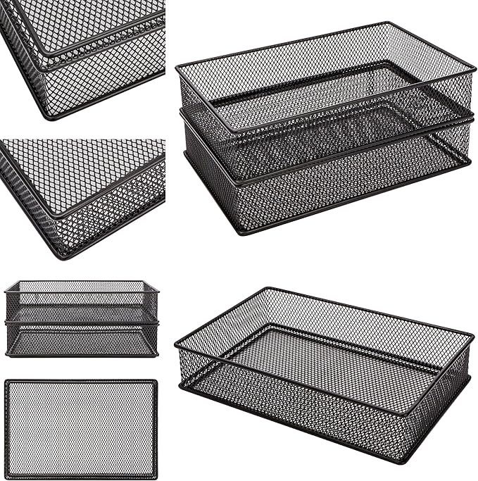 Annova Mesh Stackable Drawer Cabinet and Shelf Organizer Bins Storage Basket School Office Supply Holder Tray- Set of 2 (Black, 6x9x2 Inch)