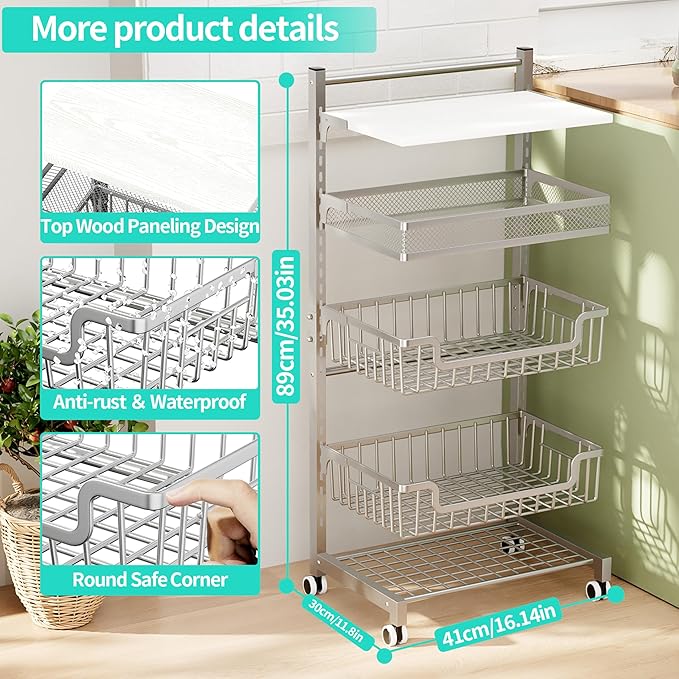 HapiRm Fruit Basket Kitchen Cart - 5 Tier Adjustable Vegetable Storage Rack, Large Capacity Rolling Kitchen Carts on Wheels for Snack Onion and Potato Storage