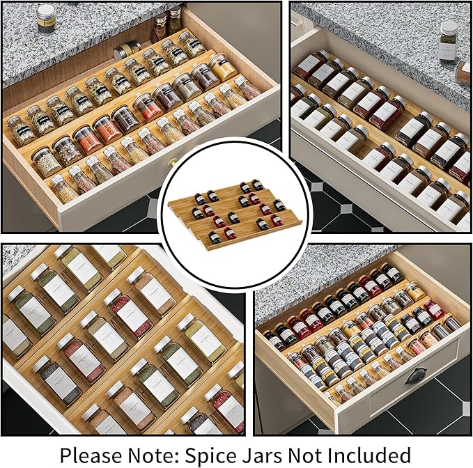 OHHLIHOME Bamboo Spice Drawer Organizer - 8 Pack 13"x4.7"x1.6" Spice Rack Tray - Spice Jars Drawers Insert - Seasoning Organizer for Drawers/Countertop (Jars not included)…