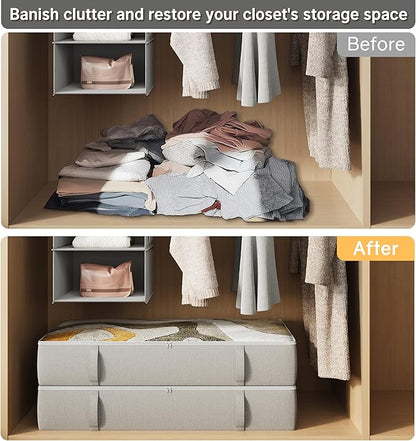 TidyCorner 2-Pack Under Bed Storage Containers, 8 Inches Tall Underbed Clothes Storage Organizer Bin with Sturdy Sidewalls/Bottom, Under the Bed Storage Bags 2 Storage Bins, Light Grey