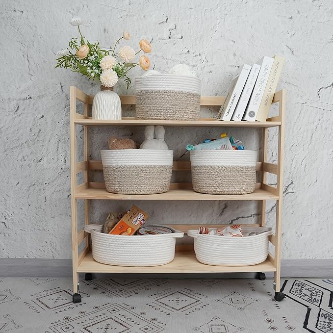 Woven Cotton Storage Baskets - 3-Pack Round Bins (10x10x7'') for Shelves, Closets & Bookcases | Durable Rope Organizers for Nursery, Baby, Toys, Easter & More white and brown