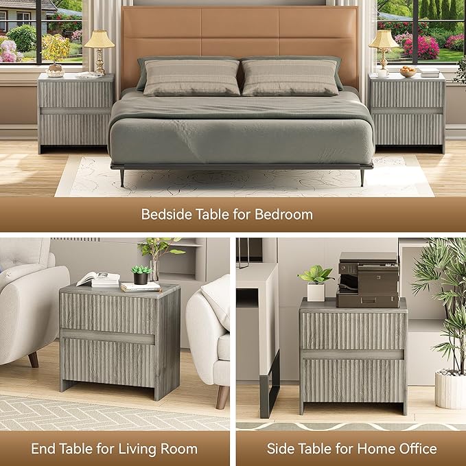 HOCAT Fleuted Nightstand Set of 2, 23" Wood Bedside Table with 2 Storage Drawers, Modern Night Stand for Bedroom, Office, Grey