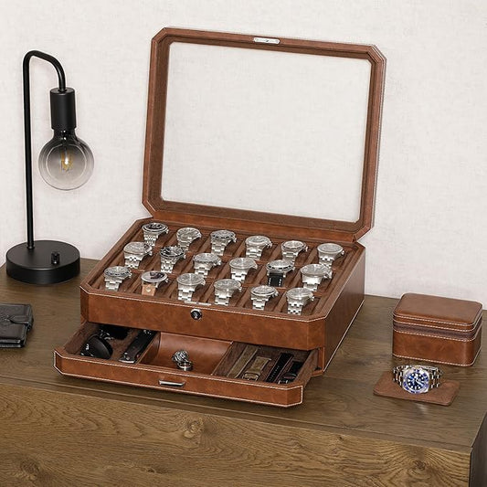 ROTHWELL 18-Slot Watch Case with Drawer – Luxury Watch Box for Men, Real Glass Top, Lockable, Display Case for Collections (Tan/Brown)