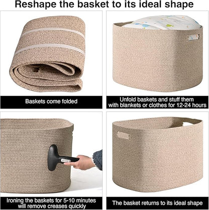 Large Storage Basket for Organizing, Blanket Basket for Living Room, Large Toy Baskets for Storage, Woven Cotton Rope Baskets for Blankets, Clothes, Shoes, Brown, 25”x16”x16” (105L)
