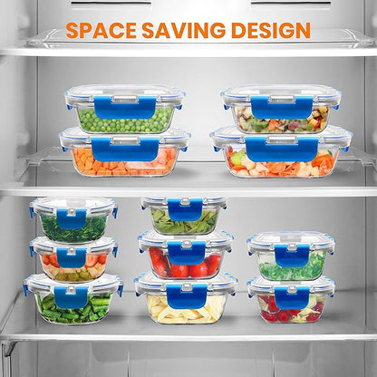 24-Piece Glass Food Storage Containers - Stackable Superior Glass Meal-prep Containers w/Newly Innovated Hinged BPA-Free 100% Leakproof Locking Lids - Freezer-to-Oven-Safe - NutriChef NCGLBU.5 (Blue)