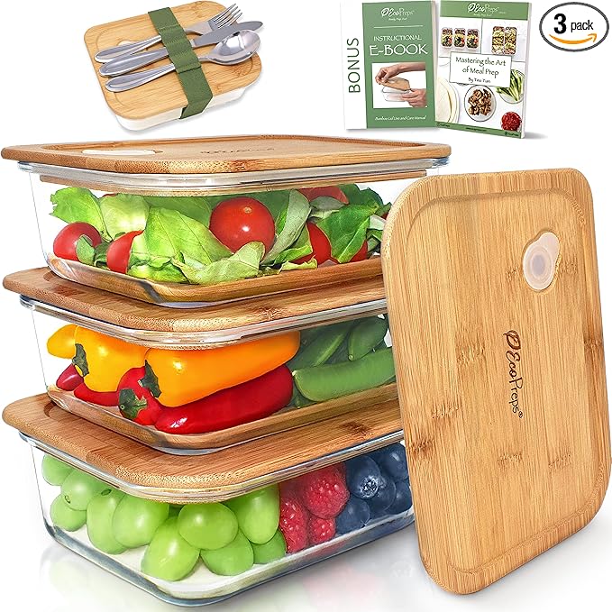 EcoPreps Glass Meal Prep Containers with Bamboo Lids (3 Pack) - 100% Plastic Free, Eco-Friendly Lunch Containers, Bamboo Lid Storage Container Set - Microwave Safe Glass Food Storage Container Set