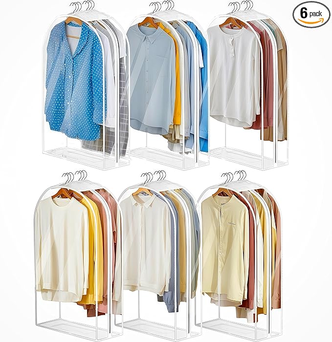 6 Pack Clear Garment Bags for Hanging Clothes 10”Gusseted, Suit Bags for Closet Storage, Hanging Plastic Clothes Cover for Coat, Dress, Fur, Shirt（24x10x40In）