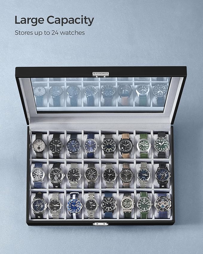 SONGMICS 24-Slot Watch Box, Lockable Watch Storage Case with Glass Lid, Gift Idea, Ink Black Synthetic Leather, Dove Gray Lining UJWB024