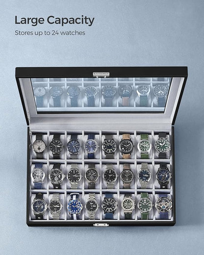 SONGMICS 24-Slot Watch Box, Lockable Watch Storage Case with Glass Lid, Gift Idea, Ink Black Synthetic Leather, Dove Gray Lining UJWB024