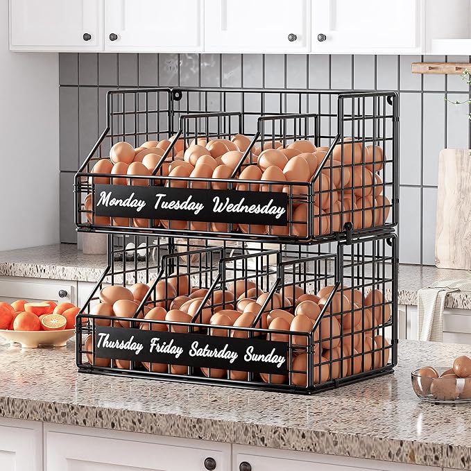 Egg Basket for Countertop, Egg Holder Countertop with 5 Dividers & Labels, 2 Tier Stackable Wire Storage Baskets to Keep Fresh Eggs Organized, Egg Organizer Decorative Rack for Kitchen & Home, Black
