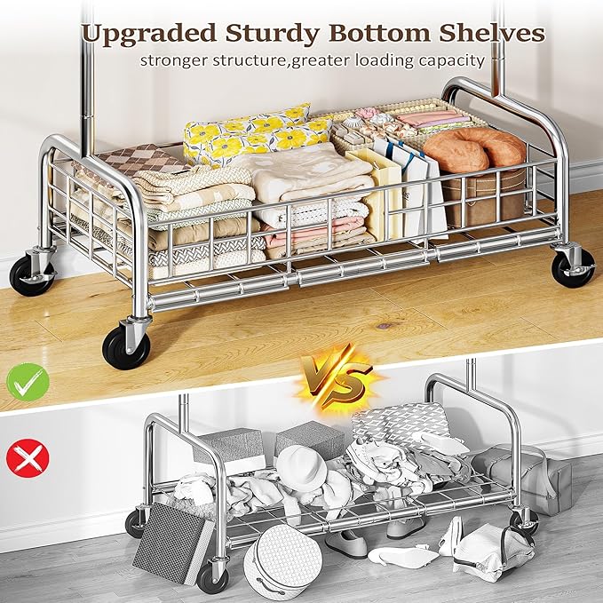 Raybee Heavy Duty Clothes Rack 485 LBS, Rolling Clothing Rack with Storage Basket and Sturdy Wheels, Clothing Racks for Hanging Clothes, Wardrobe Closet Rack for Bedroom, Boutiques, Laundry, Silver