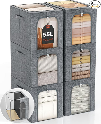 GoMaihe Clothes Storage Bins Metal Frame: 55L Extra Large Stackable Closet Storage Bin with Lid & Clear Window, Heavy Duty Blanket Box for Winter Coats Comforters (Fits Deep Closet 6-Pack)