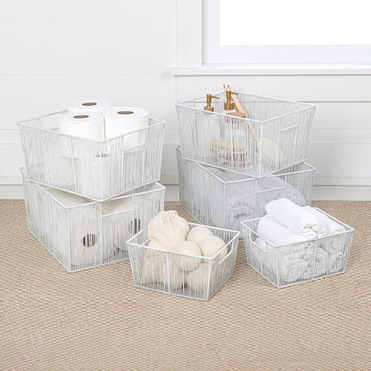 happimess BSK3000B-6SET Sutton Modern Glam Nesting Wire Metal Storage Baskets for Shelves, Cabinets, Pantry, Countertop, Mesh Open Bin Basket for Organizing Supplies, White (Set of 6)