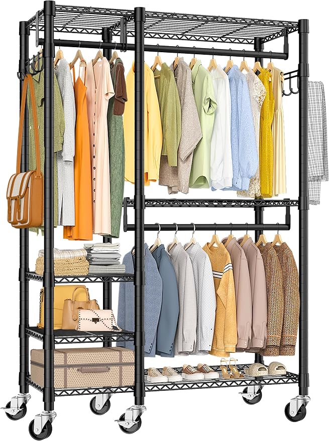 Rolling Heavy Duty Clothes Racks for Hanging Clothes, 5 Tiers Portable Garment Clothing Rack with Shelves Double Rods and Side Hooks, Freestanding Wardrobe Closet Organizer Storage, 45"X17.1"X76.4"