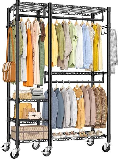 Rolling Heavy Duty Clothes Racks for Hanging Clothes, 5 Tiers Portable Garment Clothing Rack with Shelves Double Rods and Side Hooks, Freestanding Wardrobe Closet Organizer Storage, 45"X17.1"X76.4"