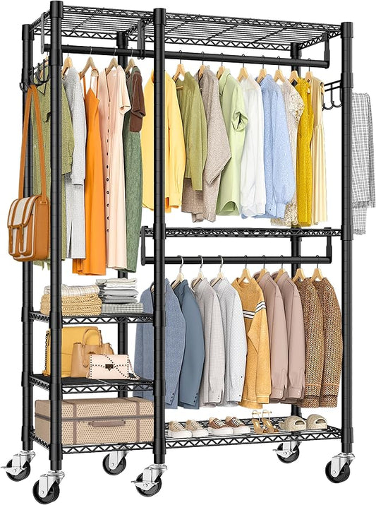 Rolling Heavy Duty Clothes Racks for Hanging Clothes, 5 Tiers Portable Garment Clothing Rack with Shelves Double Rods and Side Hooks, Freestanding Wardrobe Closet Organizer Storage, 45"X17.1"X76.4"