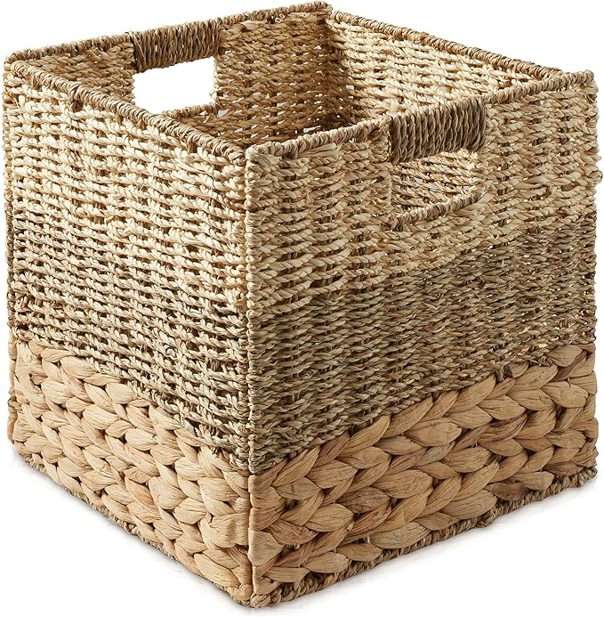 Casafield 13" x 13" Mixed Weave Storage Baskets, Natural - Set of 2 Woven Hyacinth Seagrass Wicker Storage Cube Bins for Bathroom, Bedroom, Laundry, Pantry, Shelves