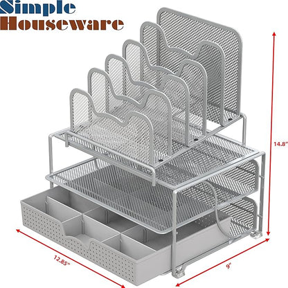 Simple Houseware Mesh Desk Organizer with Sliding Drawer, Double Tray and 5 Stacking Sorter Sections, Silver