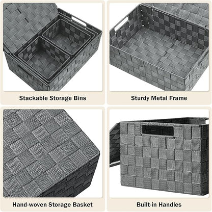 Storage Bins with Lids, Woven Storage Box Organizer Containers Decorative Baskets Cube for Clothes Bedroom Closet Office (5 Pack, Grey)