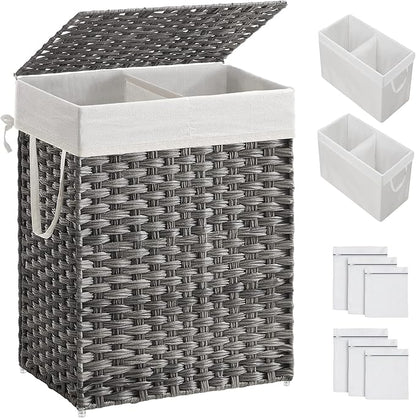 SONGMICS Laundry Hamper with Lid, 90L Clothes Hamper with 2 Removable Liner Bags, 6 Mesh Bags, Wicker Laundry Basket, Double Laundry Hamper for Bathroom, 13 x 18.1 x 23.6 Inches, Gray ULCB251G01V1