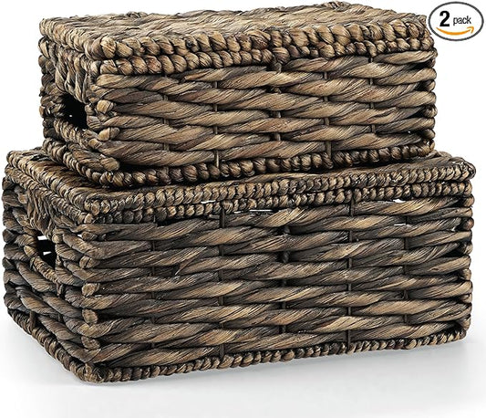 Set of 2 Black Wicker Baskets with Lid