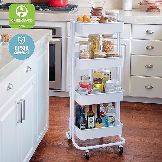 ECR4Kids 4-Tier Metal Rolling Utility Cart, Multipurpose Storage, White