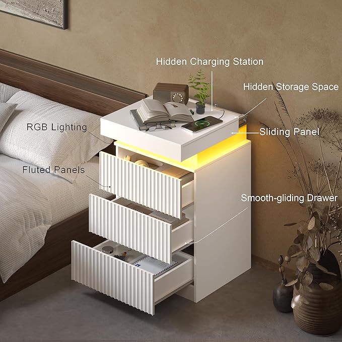 BOXACTION White Nightstand with 3 Drawers and LED Light, Mid Century Modern Fluted Night Stand with Charging Station, Bedside Table & End Table for Bedroom