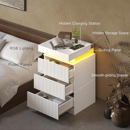 BOXACTION White Nightstand with 3 Drawers and LED Light, Mid Century Modern Fluted Night Stand with Charging Station, Bedside Table & End Table for Bedroom