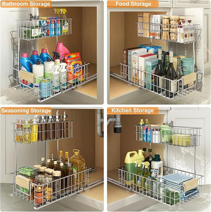 ROOMTEC Pull Out Cabinet Organizer, Under Sink Slide Out Storage Shelf with 2 Tier Sliding Wire Drawer, Sliding Storage for Inside Kitchen Cabinet- 11½ in. W x 21½ in. D (Right)