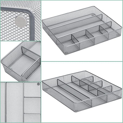Annova Desk Top Organizer Tray for Office Organization - Metal Mesh - Storage Tray with Dividers for Pens, Desktop Accessories, Bathroom, Kitchen, Makeup and Office Supplies (Large, Silver)