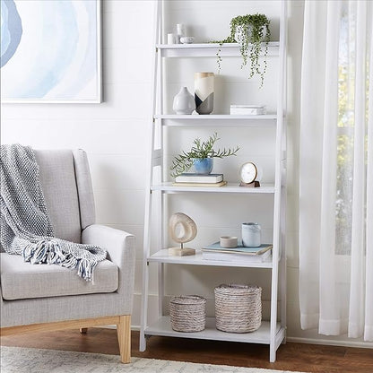 Amazon Basics Ladder Bookshelf Organizer, 5-Tier, Solid Rubberwood Frame, White Finish, 14D x 24.8W x 70.1H in
