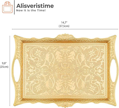 Alisveristime Ottoman Turkish Zamak Serving Tray with Traditional Motifs, Ideal for Coffee and Tea - Six Person Tray (14.5 x 9.85 in) (Gold)