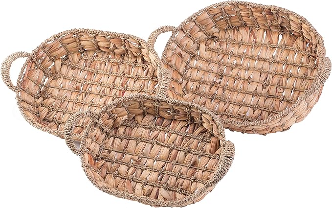 Seagrass Rattan Tray Set of 3 – Round and Rectangular Wicker Shallow Baskets with Handles, Decorative Bread, Fruit, Storage Trays
