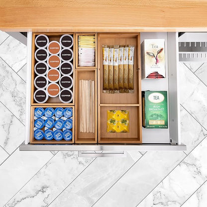 Seville Classics Bamboo Premium Organizer Storage Bins for Kitchen Silverware, Pantry, Closet, Office Desk, Pens, Utensils, Makeup, K Cup, Bamboo, Bin Set w/Dividers (5 Piece)