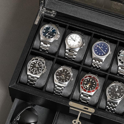 ROTHWELL 10-Slot Watch Box in Leather with Valet Drawer, Luxury Watch Case Display Organizer with Ultra Soft Microsuede Liner, Jewelry and Sunglass Holder With Large Glass top (Black/Grey)