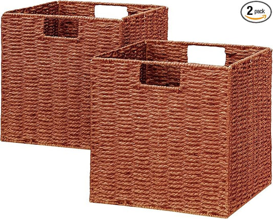 Vagusicc Wicker Storage Basket, Set of 2 Hand-Woven Paper Rope Wicker Basket, Foldable Cube Storage Bins, Square Large Storage Baskets for Organizing Shelves & Decor, Orange (13″×13″×13″)