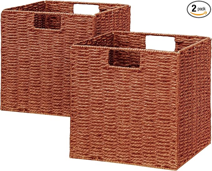 Vagusicc Wicker Storage Basket, Set of 2 Hand-Woven Paper Rope Wicker Baskets, Foldable Cube Storage Bins, 11 inch Storage Basket, Square Baskets for Organizing Shelves & Decor, Orange (11″×11″×11″)